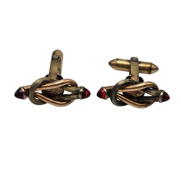 Vintage Gold Tone Knot Cufflinks With Red Crystal Accents For Men - Picture 1 of 4